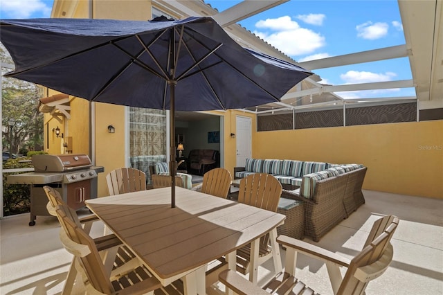 view of patio / terrace with outdoor dining area, grilling area, a lanai, and an outdoor living space