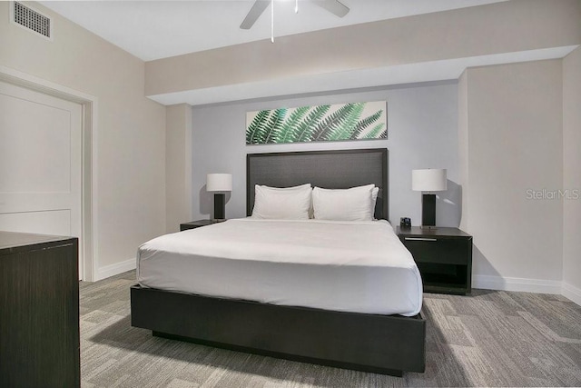 bedroom with ceiling fan, visible vents, and baseboards