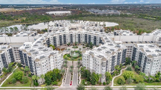 drone / aerial view with a water view