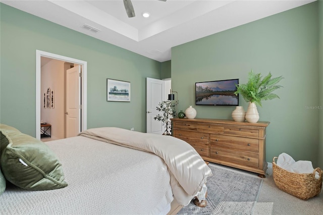 bedroom with carpet floors, ceiling fan, visible vents, and recessed lighting