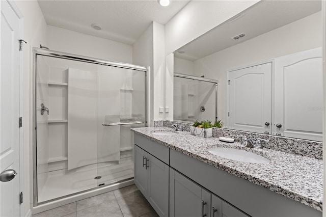 bathroom with double vanity, visible vents, a stall shower, and a sink