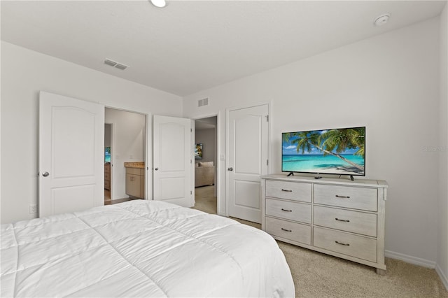 bedroom featuring light colored carpet, baseboards, and visible vents