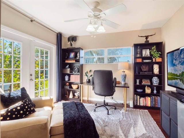 office featuring ceiling fan and french doors