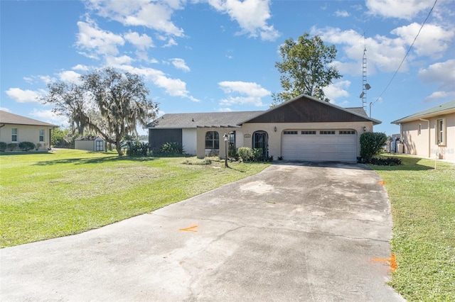 ranch-style house with a garage, concrete driveway, a front lawn, and stucco siding