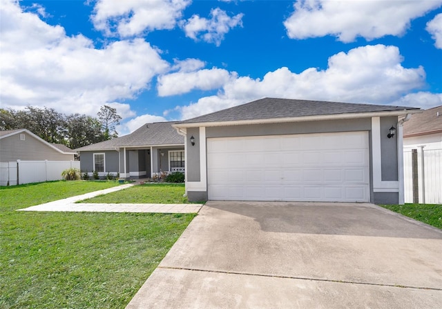 single story home featuring stucco siding, driveway, a front lawn, fence, and an attached garage