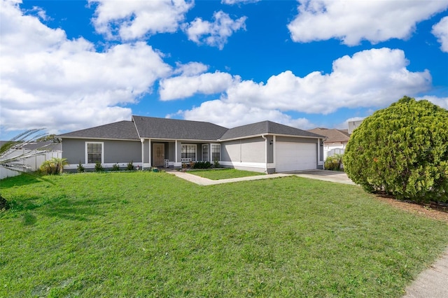 ranch-style house featuring a front lawn, fence, concrete driveway, stucco siding, and an attached garage