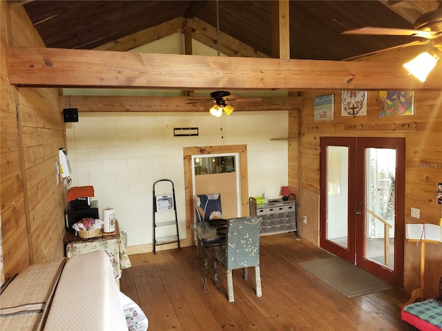 11213 River Grove Dr, Orlando, FL 32817 - dining area featuring ceiling fan, wood walls, french doors, hardwood / wood-style floors, and wooden ceiling