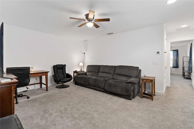 carpeted living room with baseboards, visible vents, ceiling fan, and recessed lighting