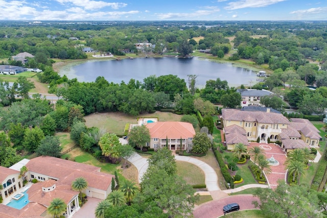 birds eye view of property featuring a water view