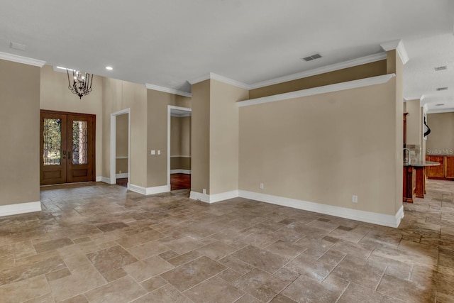 interior space with french doors, baseboards, and an inviting chandelier