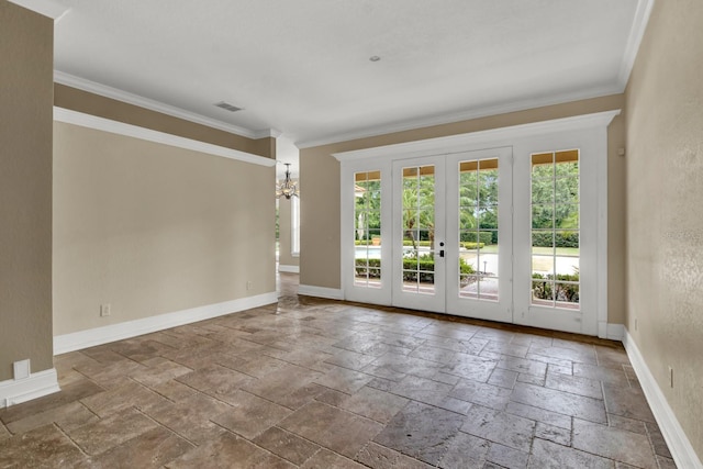 doorway to outside featuring visible vents, crown molding, baseboards, and stone tile flooring