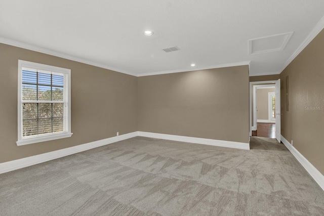 empty room featuring baseboards, light carpet, and crown molding