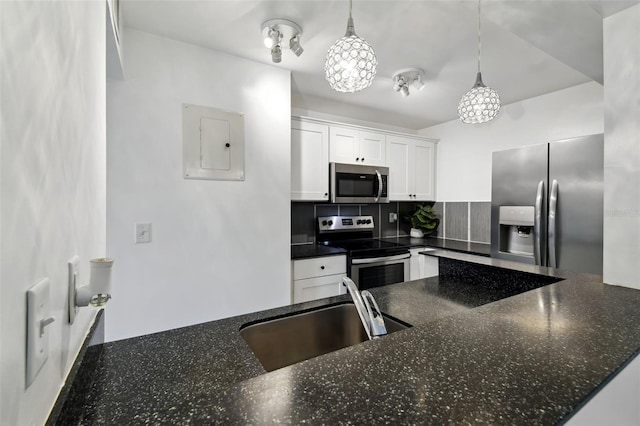 kitchen featuring tasteful backsplash, electric panel, appliances with stainless steel finishes, white cabinetry, and a sink