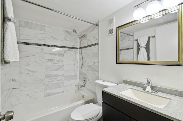 full bath with tub / shower combination, visible vents, toilet, and vanity