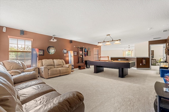 game room featuring visible vents, light carpet, billiards, and a textured ceiling