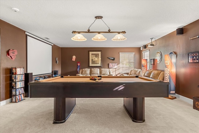 game room with carpet floors, billiards, and baseboards