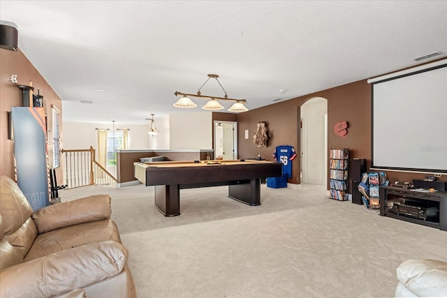 playroom featuring billiards, carpet, visible vents, and arched walkways