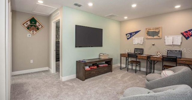 office with carpet, visible vents, and recessed lighting