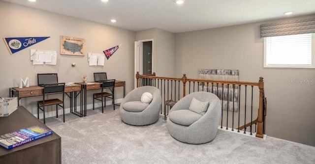 living area with baseboards, carpet floors, an upstairs landing, and recessed lighting