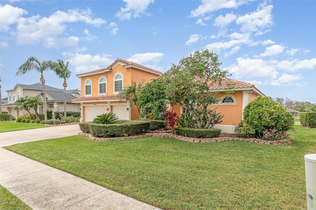 mediterranean / spanish home with stucco siding, a front yard, concrete driveway, and a tiled roof