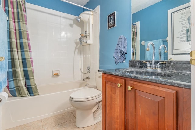 bathroom with toilet, tile patterned floors, a textured ceiling, vanity, and shower / bath combination with curtain