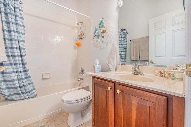 bathroom with tile patterned floors, vanity, toilet, and shower / bath combo with shower curtain