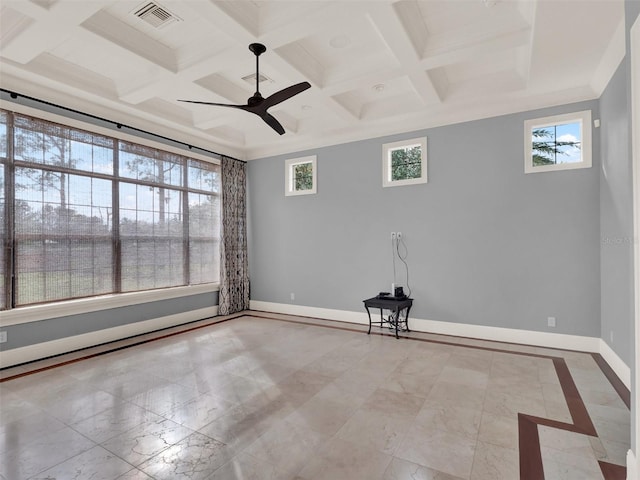 spare room with baseboards, visible vents, and coffered ceiling