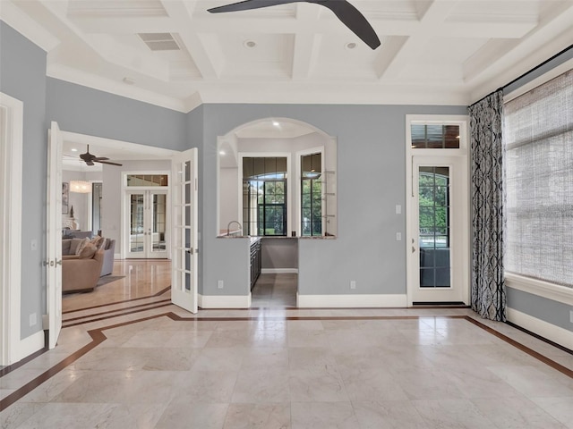 unfurnished room featuring french doors, coffered ceiling, visible vents, and baseboards