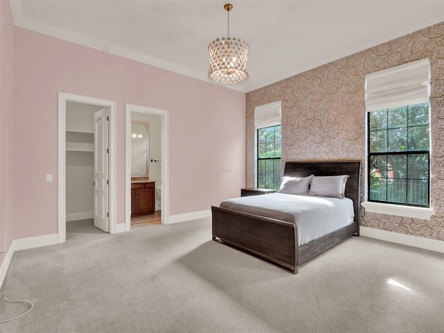 bedroom featuring light carpet, multiple windows, baseboards, and a chandelier