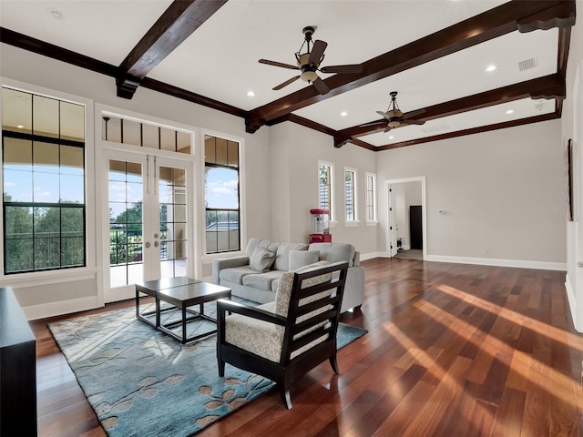 living room with dark wood-style floors, french doors, visible vents, and baseboards