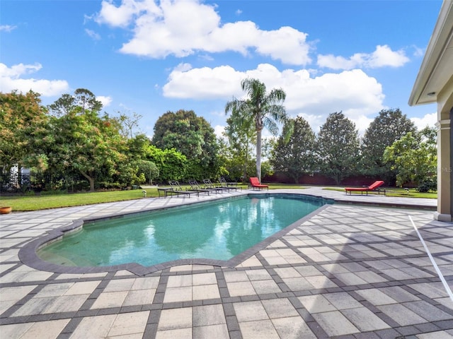 outdoor pool with a patio and a yard