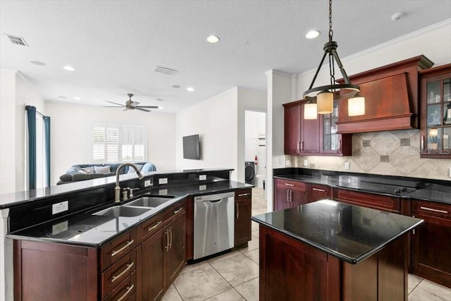 kitchen featuring stainless steel dishwasher, a sink, an island with sink, and black electric cooktop