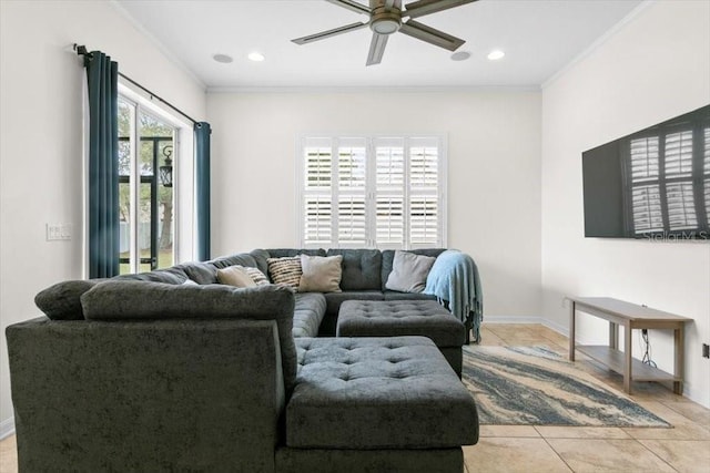 living area featuring a ceiling fan, recessed lighting, crown molding, and light tile patterned floors