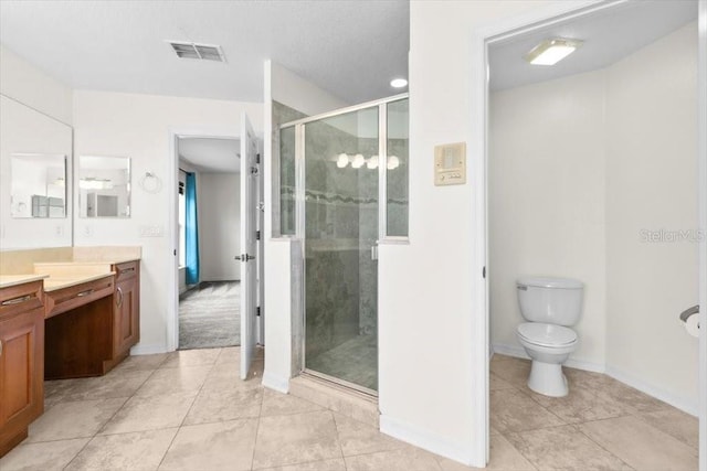 bathroom with visible vents, toilet, tile patterned flooring, vanity, and a shower stall