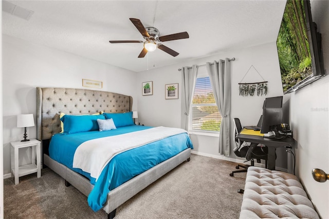 bedroom featuring carpet, baseboards, and ceiling fan