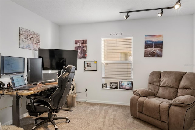 office space featuring rail lighting, baseboards, and carpet floors