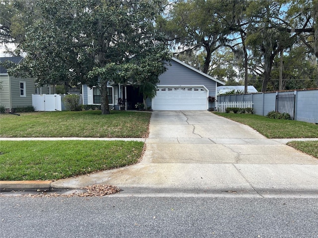 view of front of home with a garage, fence, concrete driveway, and a front yard