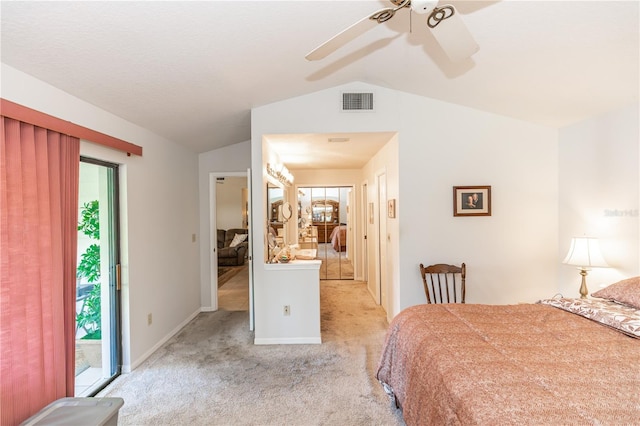 bedroom with visible vents, light carpet, access to outside, ceiling fan, and vaulted ceiling