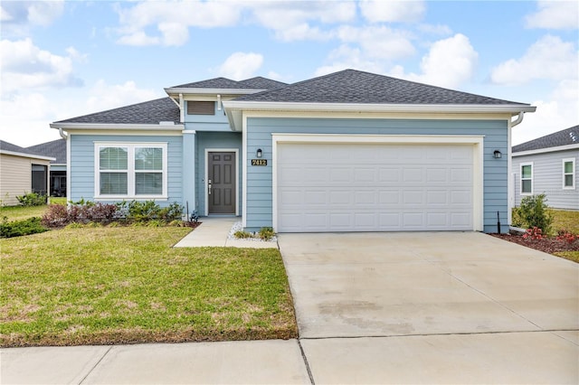 single story home featuring a garage, a front yard, concrete driveway, and roof with shingles