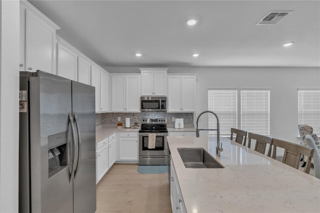 kitchen featuring stainless steel appliances, a sink, visible vents, and white cabinetry