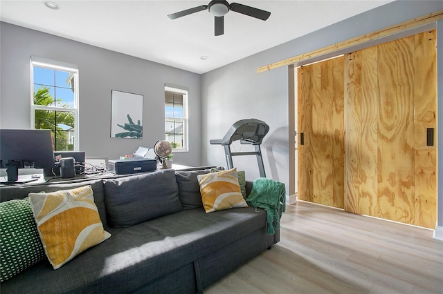 living room with a barn door, ceiling fan, and wood finished floors