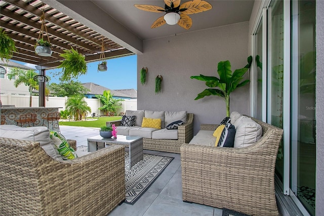 view of patio featuring a fenced backyard, a ceiling fan, outdoor lounge area, and a pergola