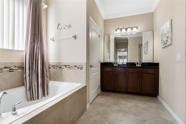 full bath featuring crown molding, double vanity, tiled bath, a sink, and tile patterned floors