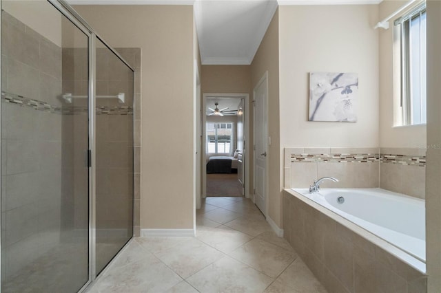 ensuite bathroom featuring a garden tub, crown molding, a shower stall, and ensuite bath