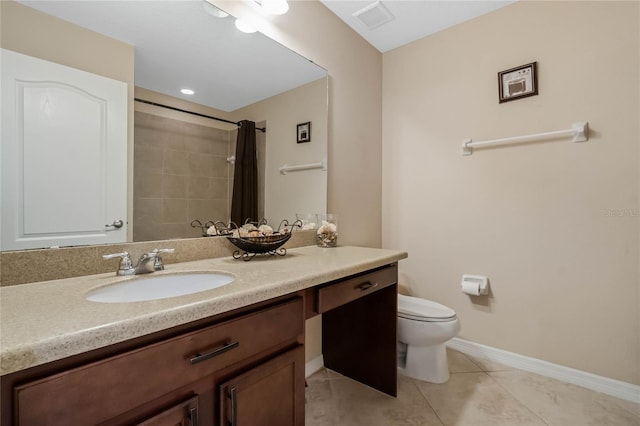 full bath with tile patterned flooring, toilet, vanity, visible vents, and baseboards