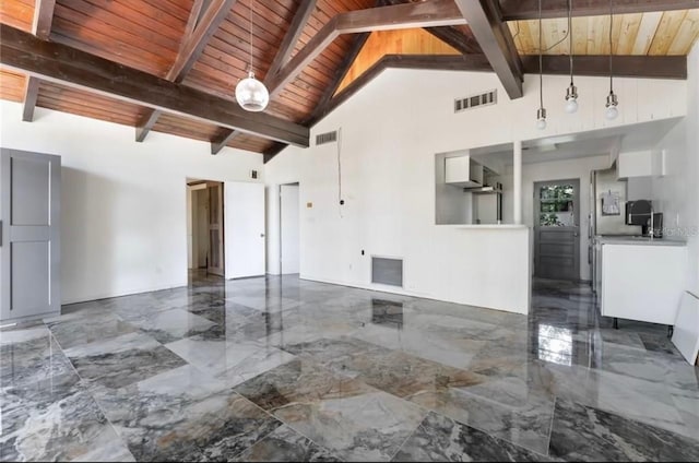 interior space featuring marble finish floor, wood ceiling, and visible vents