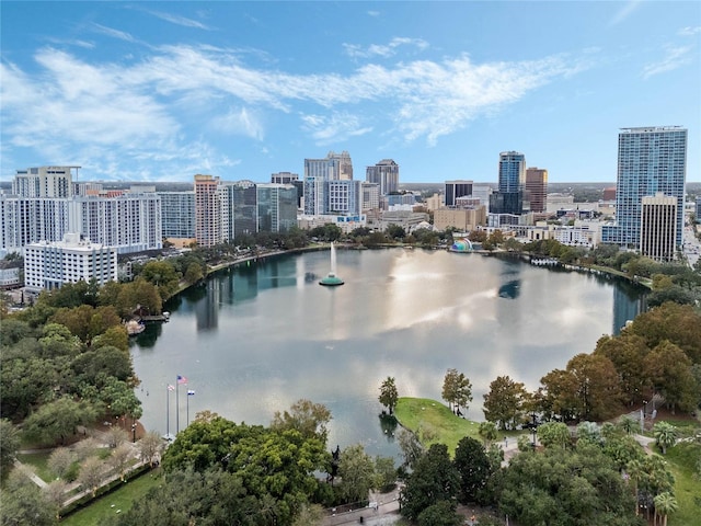 view of water feature with a city view