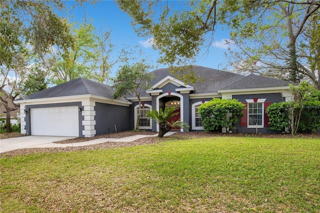 view of front facade with a garage, a shingled roof, concrete driveway, a front lawn, and stucco siding