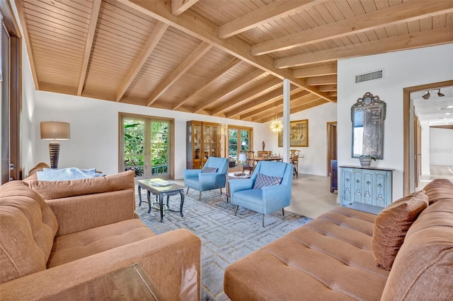 living room featuring wooden ceiling, visible vents, vaulted ceiling with beams, and a notable chandelier