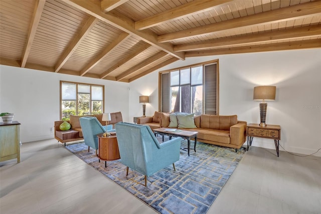 living room featuring a wealth of natural light, wooden ceiling, lofted ceiling with beams, and wood finished floors